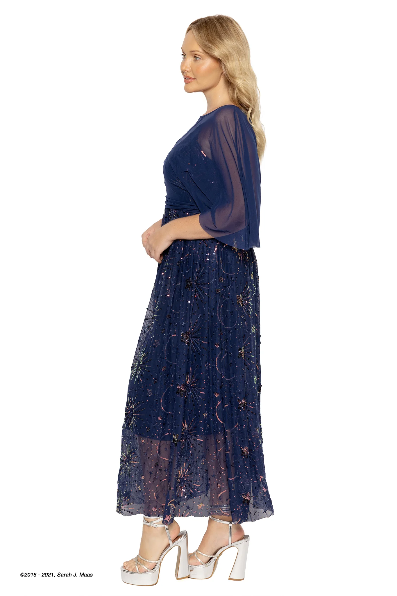 Navy Starburst Sequin Maxi Dress with Cape - Image 3