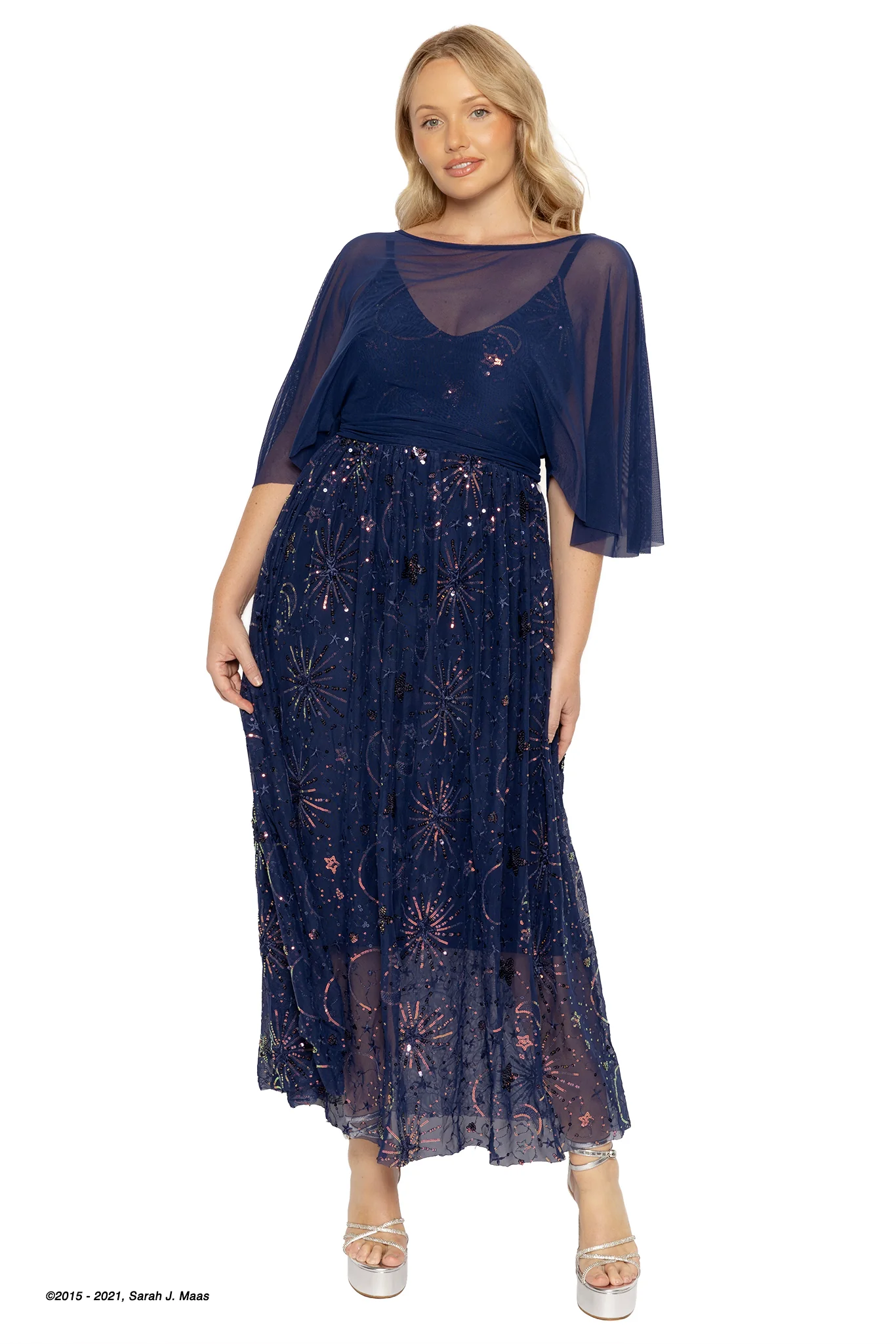 Navy Starburst Sequin Maxi Dress with Cape - Image 4