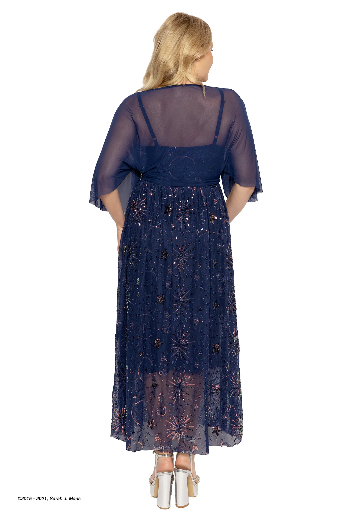 Navy Starburst Sequin Maxi Dress with Cape - Image 5