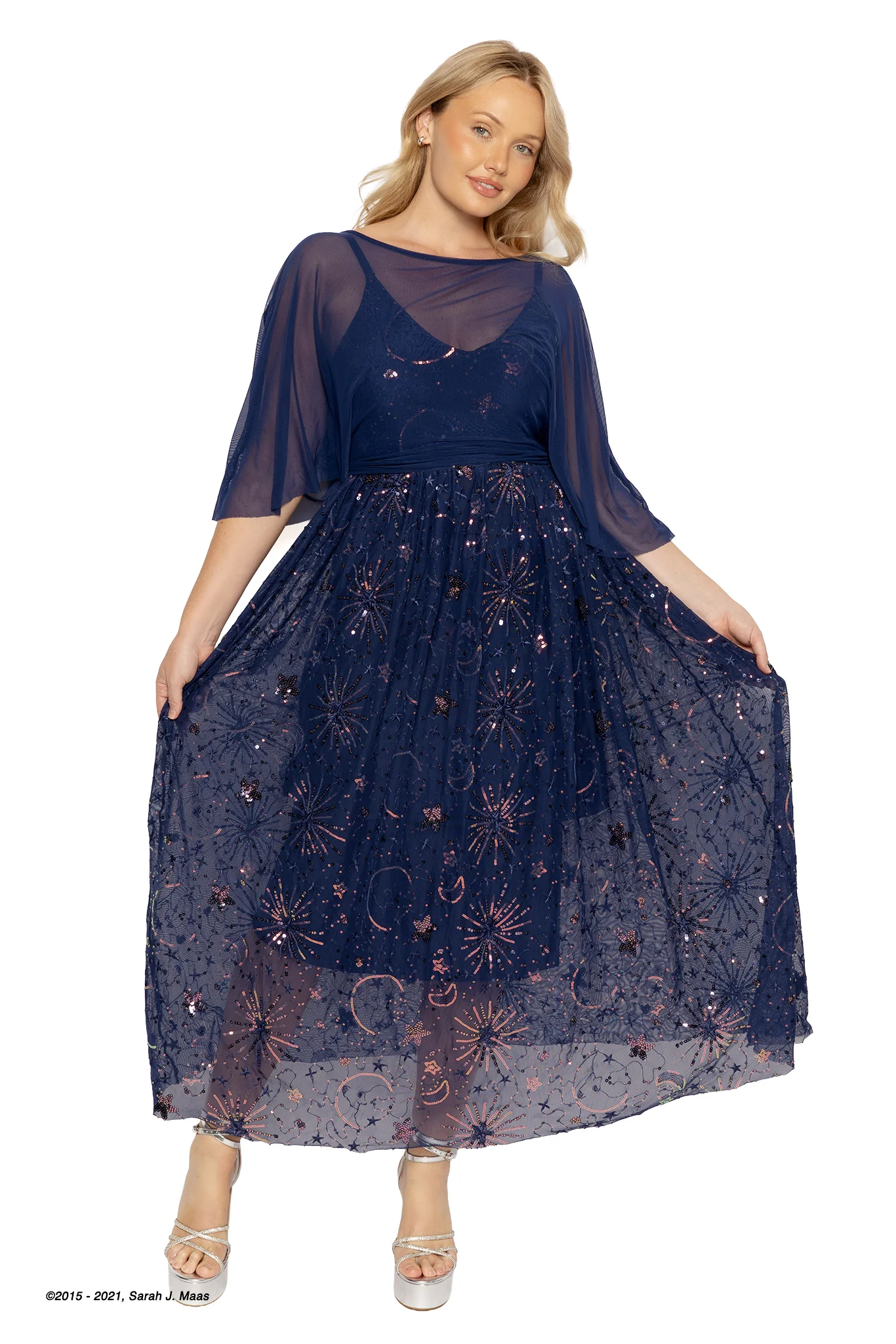 Navy Starburst Sequin Maxi Dress with Cape - Image 7